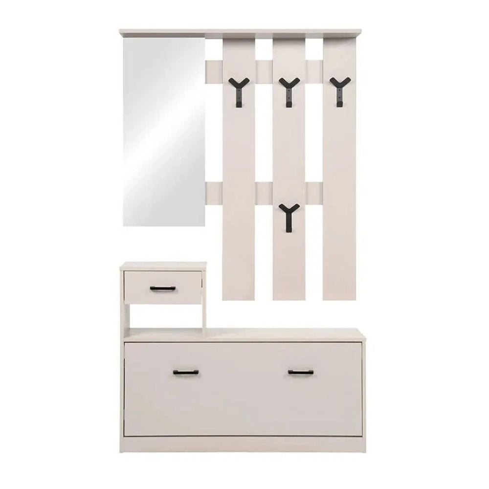 Mobile Ingresso Rudolf con Specchio, Appendiabiti, Cassetto e Scarpiera Beige