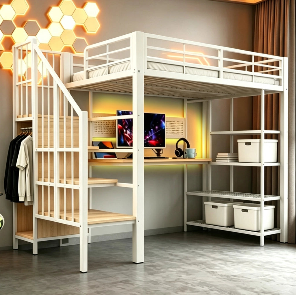 Letto a soppalco 90x200 cm con scrivania, LED e prese
