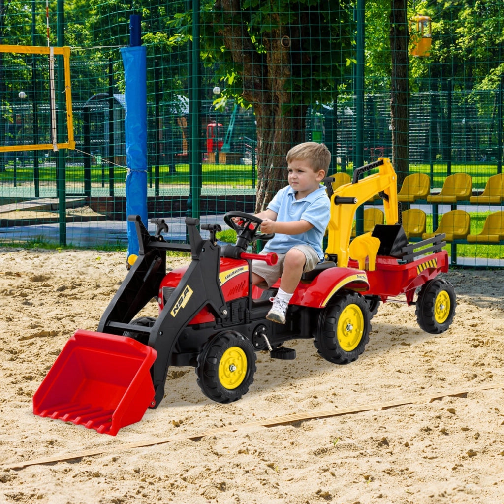 Escavatore a pedali per bambini con 6 ruote rimorchio staccabile e 2 benne, Escavatore a pedali ruspa per bambini 3-6 anni Rosso-Macchinine giocattoli