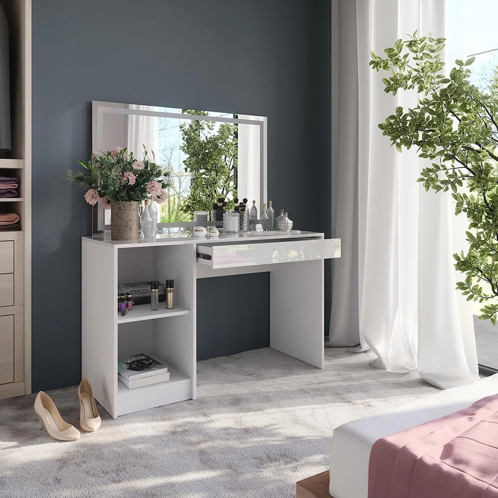 Tavolo da toeletta Sherry, Bianco/bianco lucido, 119.8 cm con specchio LED