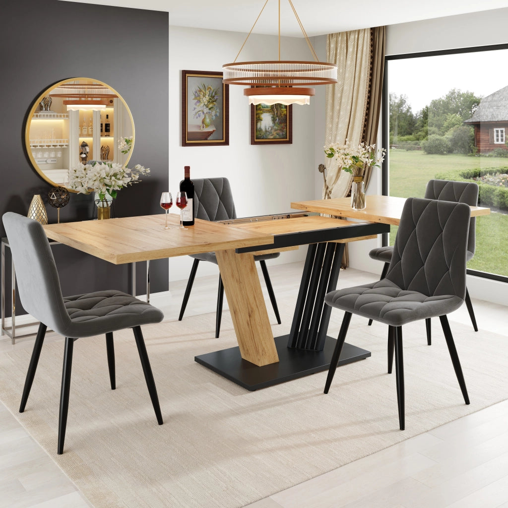 Tavolo da pranzo allungabile con 4 sedie in velluto, piano in MDF e gambe in metallo, per sala da pranzo, grigio