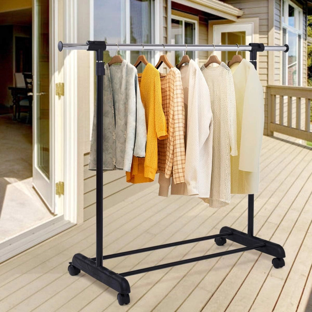 Stendibiancheria Regolabile con 2 Ripiani in Metallo e Portascarpe, per Camera da Letto, Bagno, Corridoio, 84x42x92-168 cm, Nero (Un tubo)