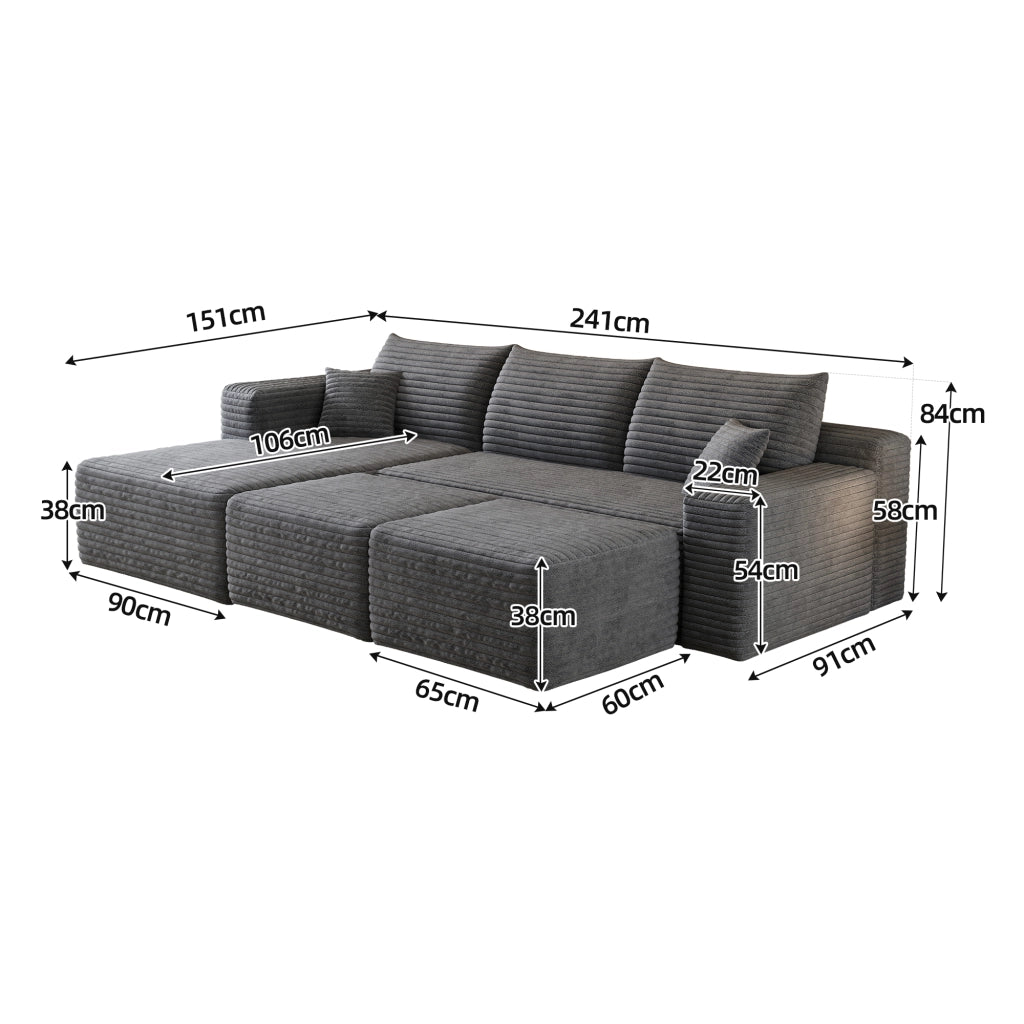 Divano angolare modulare senza montaggio dal design minimale in tessuto a coste morbido per soggiorno grigio scuro