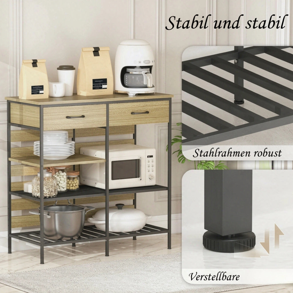 Credenza da cucina, mobile contenitore con 2 cassetti e 3 vani a giorno, mobile da cucina per soggiorno e sala da pranzo
