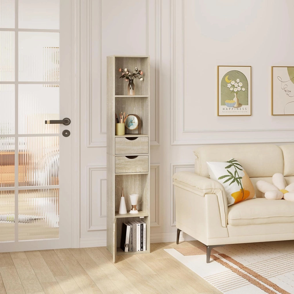 Libreria Scaffale Moderna in Legno, Libreria Verticale con 3 Vani Aperti, 2 Cassetti e 1 Armadietto, Mobile Portaoggetti Portalibri da Terra con Ripiano Regolabile, Legno Chiaro, 30x24x158cm