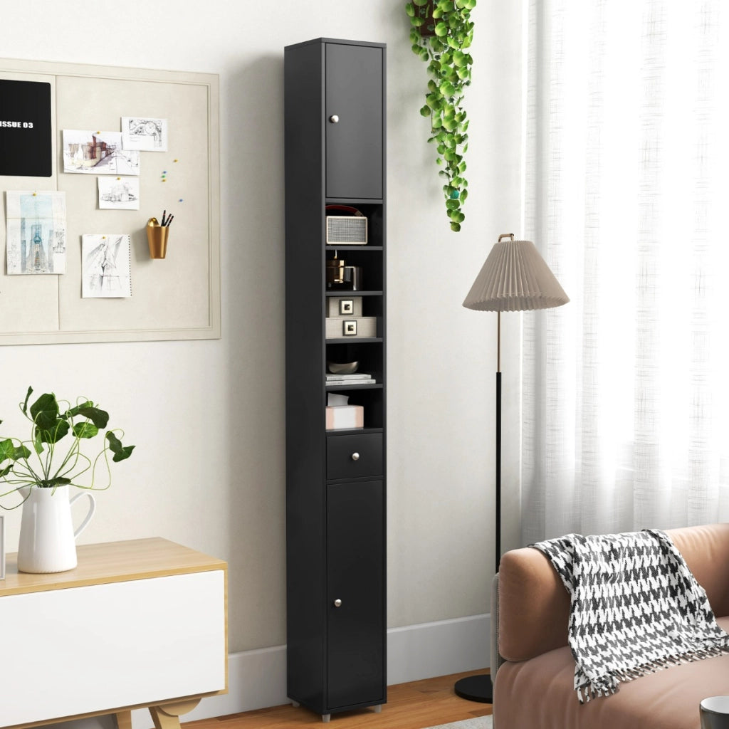 Mobile colonna da bagno con 2 ante 1 cassetto e 5 ripiani regolabili-Colonna bagno da terra salvaspazio Nero