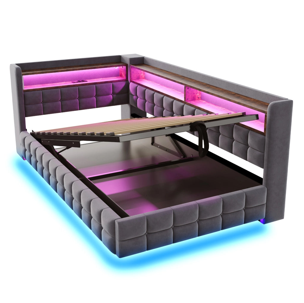Divano letto 90x200 cm con vano idraulico, LED e prese USB-C in velluto grigio