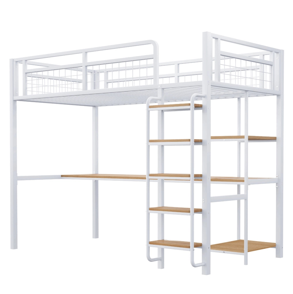 Letto a soppalco 90x200 cm con scrivania e ripiani in metallo bianco