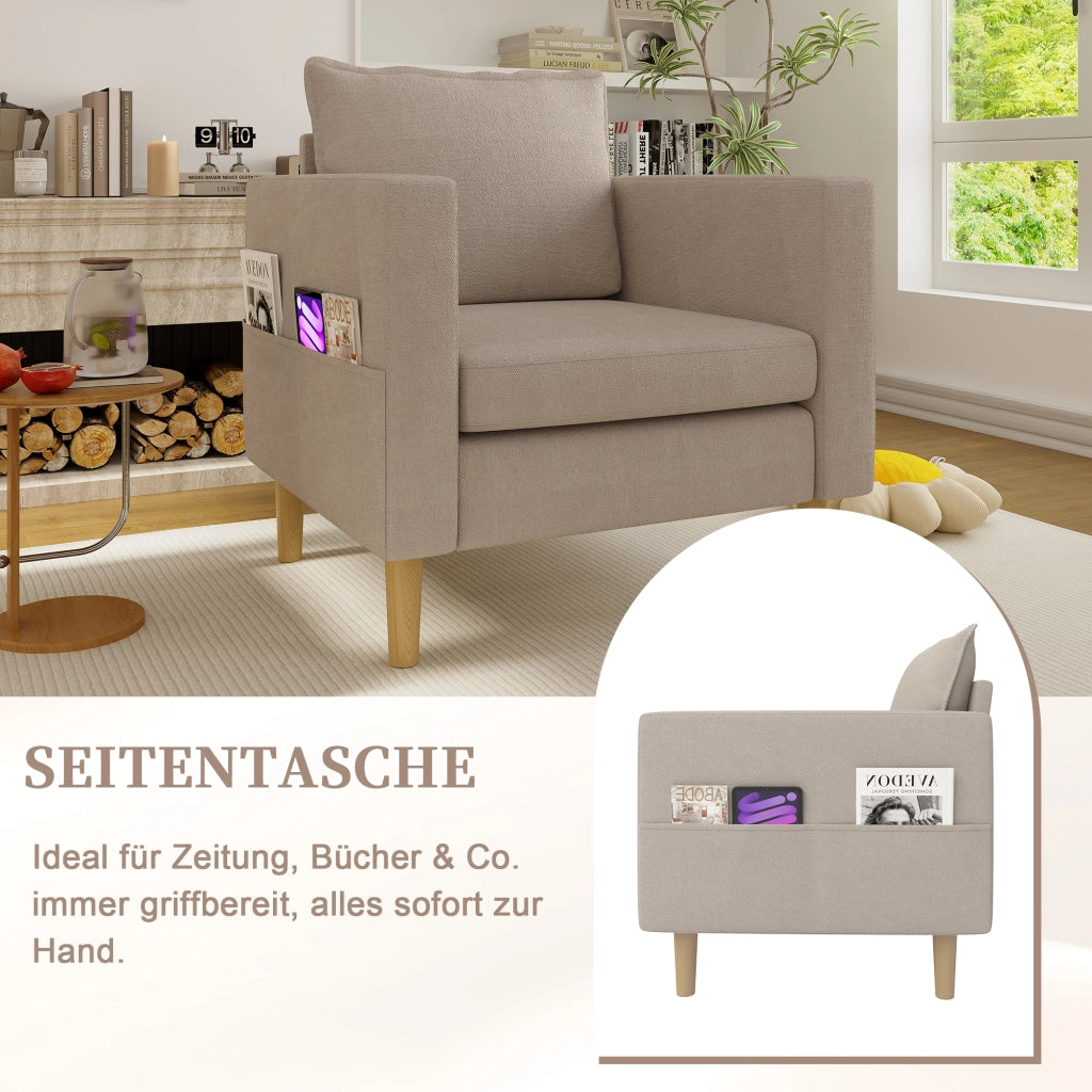 Poltrona relax con tasche laterali e cuscino; per lettura; in chenille khaki