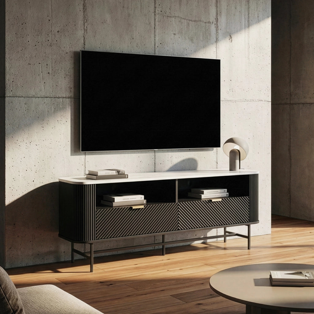 Mobile Porta TV Olvehok con Cassetti e Scomparti Aperti 140x40x55cm Nero / Effetto Marmo Bianco [en.casa]