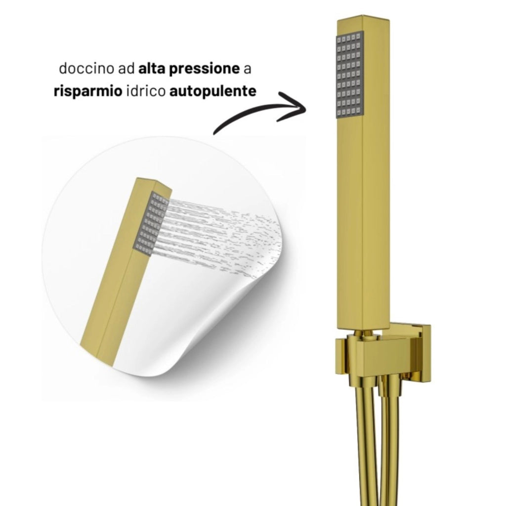 Set per doccia soffione quadro in acciaio inox 25x25 millimetri color oro *** finitura- oro lucido, confezione 1