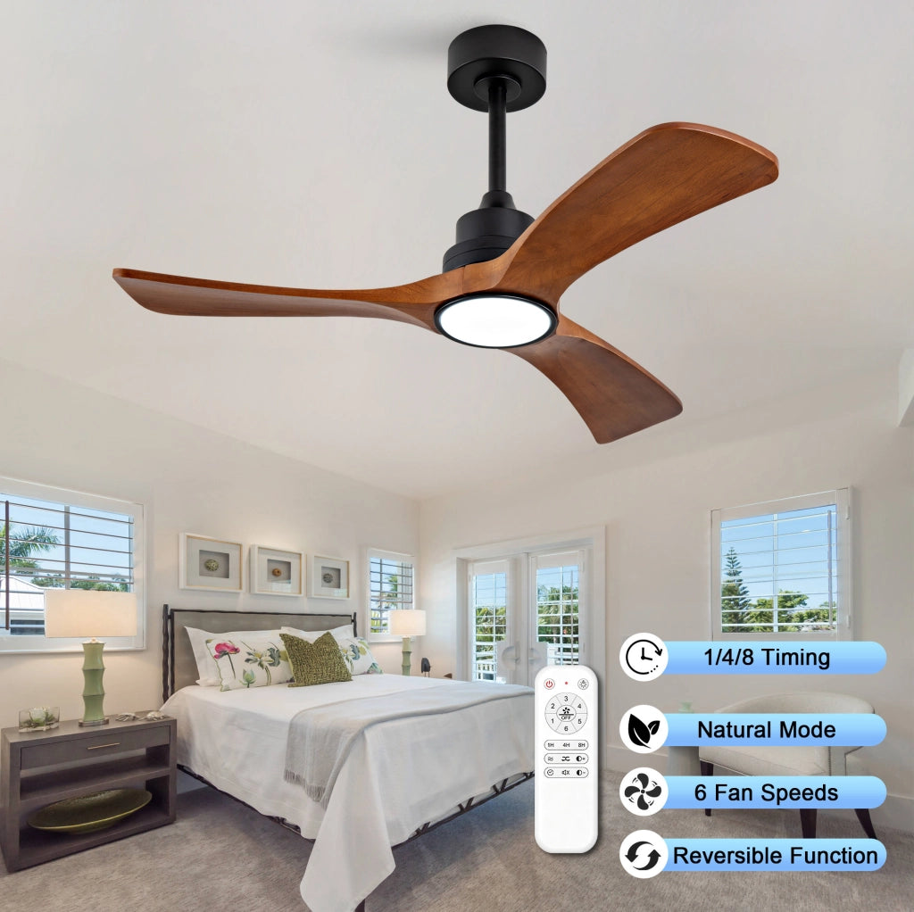 Ventilatore da soffitto con luce LED 42 pollici; 3 pale in legno massello; nero e noce scuro