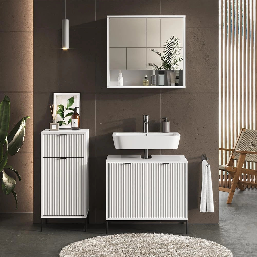Set di mobili da bagno Eliza, Bianco, 70 cm, composto da mobile sottolavabo, specchiera e mobile medio
