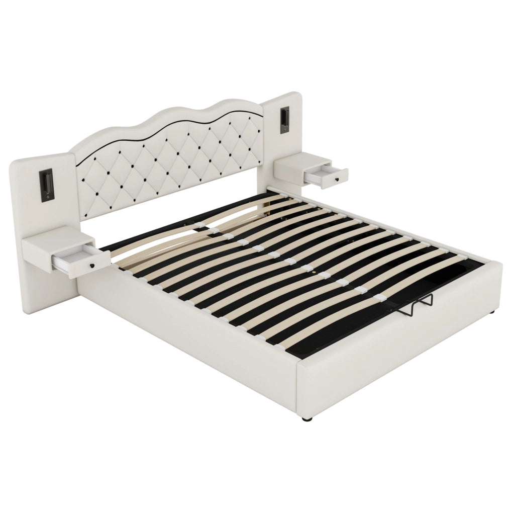 Letto imbottito 180x200 cm; alzata idraulica e luci; lino e MDF; beige