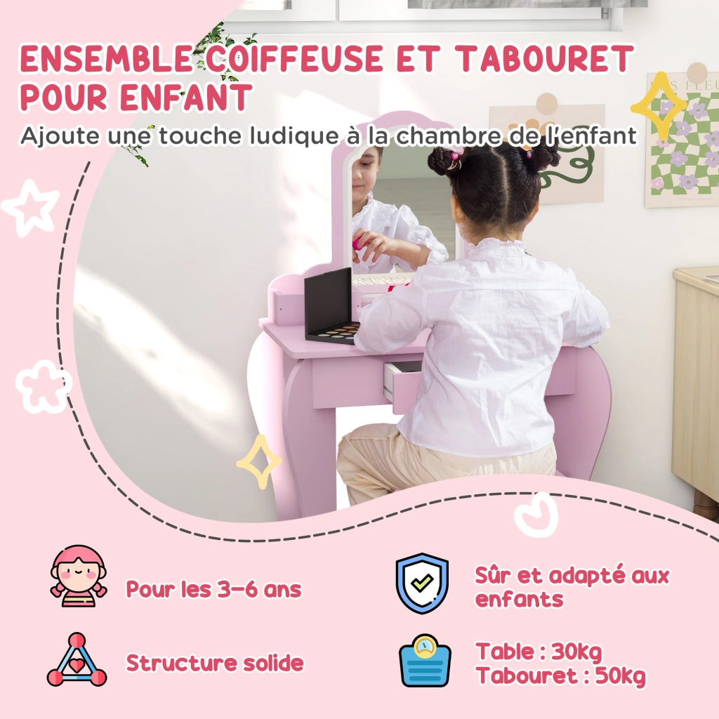 Tavolo trucco bambini con specchio e sgabello ¨C zephmum ¨C rosa 55x36x86