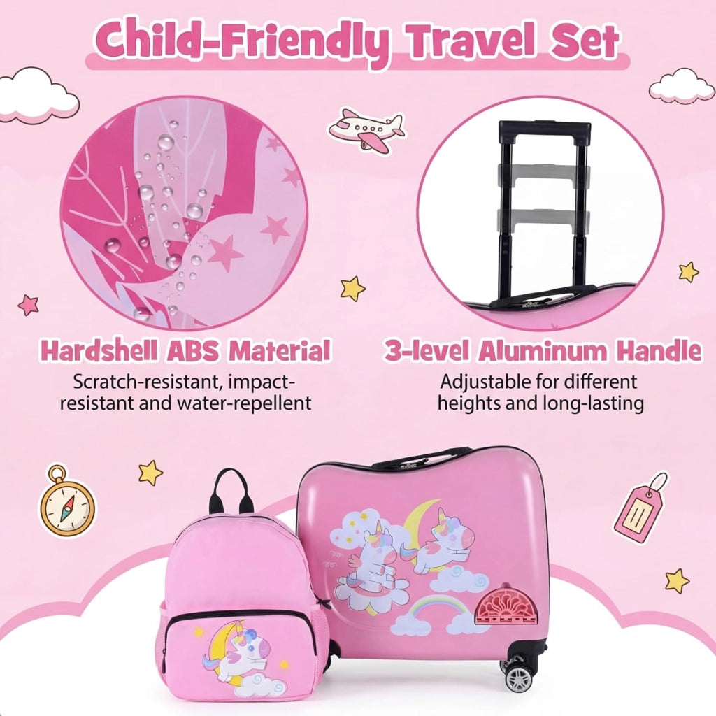 Set di Valigia Cavalcabile 18’’ + Zaino 12’’ per Bambini 2 Pezzi, Bagagli 2-in-1 di con Maniglia Telescopica e 4 Ruote, Trolley Bagaglio a Mano e Zaino per Bambini (Rosa Unicorno)