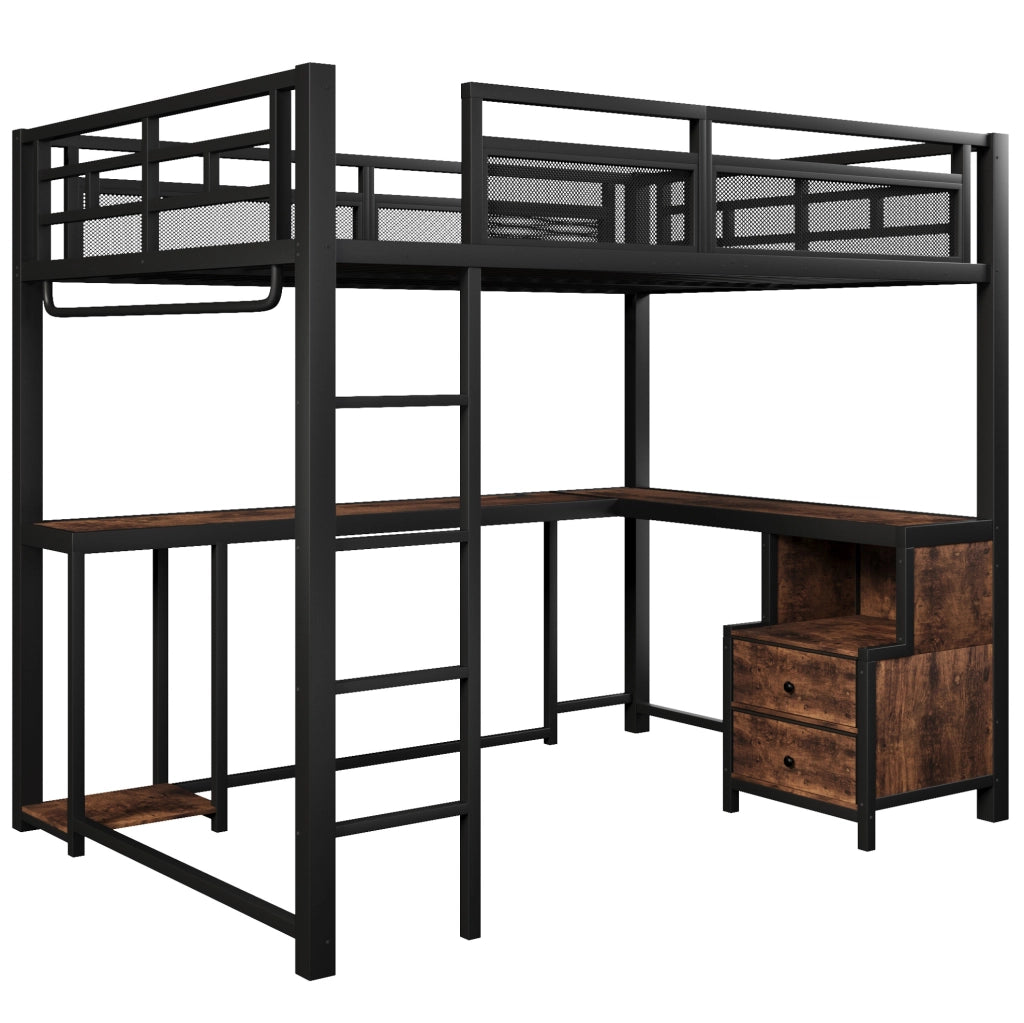 Letto a soppalco 140x200 cm con scrivania; LED e porta USB in metallo e legno nero