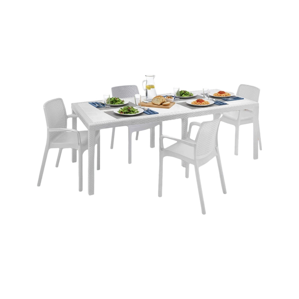 Set tavolo e sedie Arret, Ripiano rettangolare allungabile da esterno con 4 sedie incluse, Tavolo e sedute da giardino effetto rattan, 100% Made in Italy, Bianco