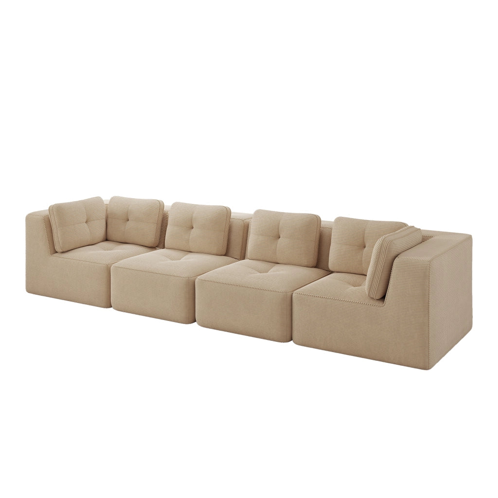 Divano Angolare Modulare 4 Posti ¨C MINIMAL ¨C Beige, Velluto a Coste, Cuscini Morbidi, Senza Braccioli