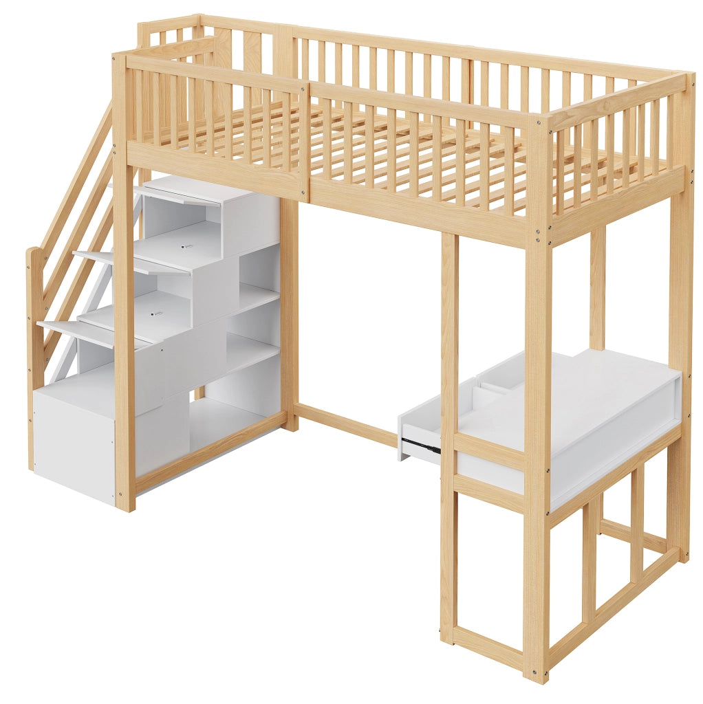 Letto a soppalco 90x200 con scrivania multifunzione e scala contenitore