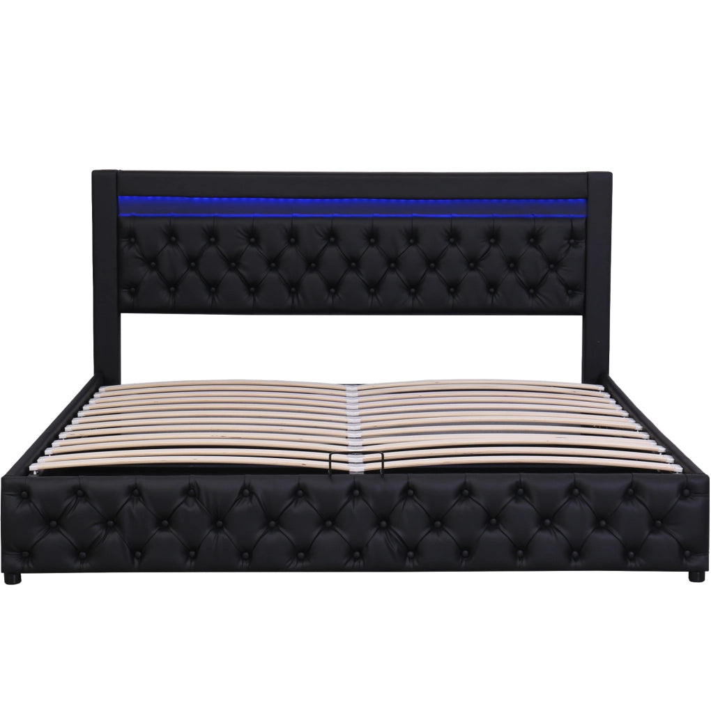 Letto matrimoniale imbottito con contenitore 180x200 cm in PU nero; con LED e rete a doghe