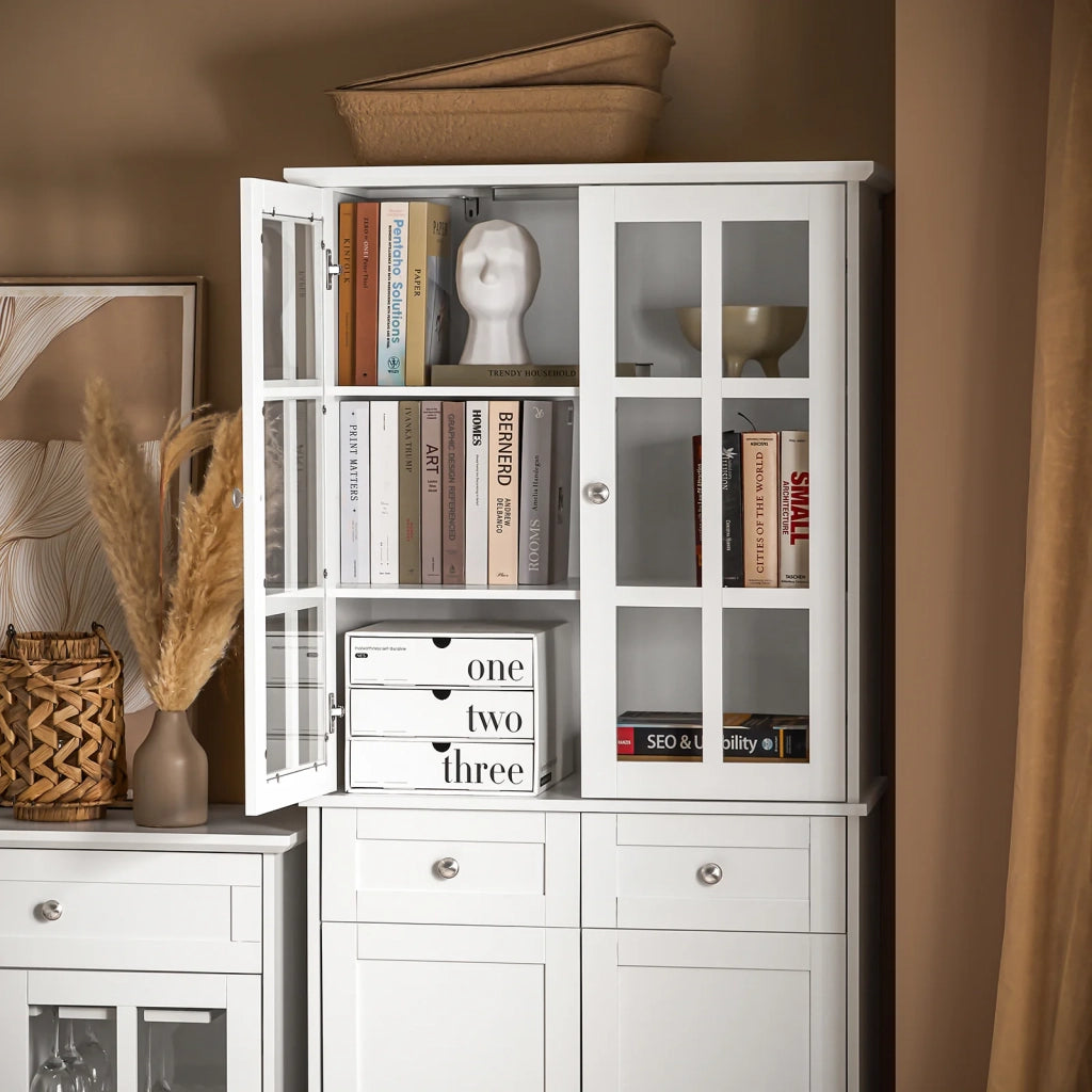 Credenza Alta Per Cucina Mobile Buffet In Legno Con 6 Scomparti E 2 Cassetti Armadio Dispensa In Stile Moderno Bianco 75x40x175cm FSB76-W