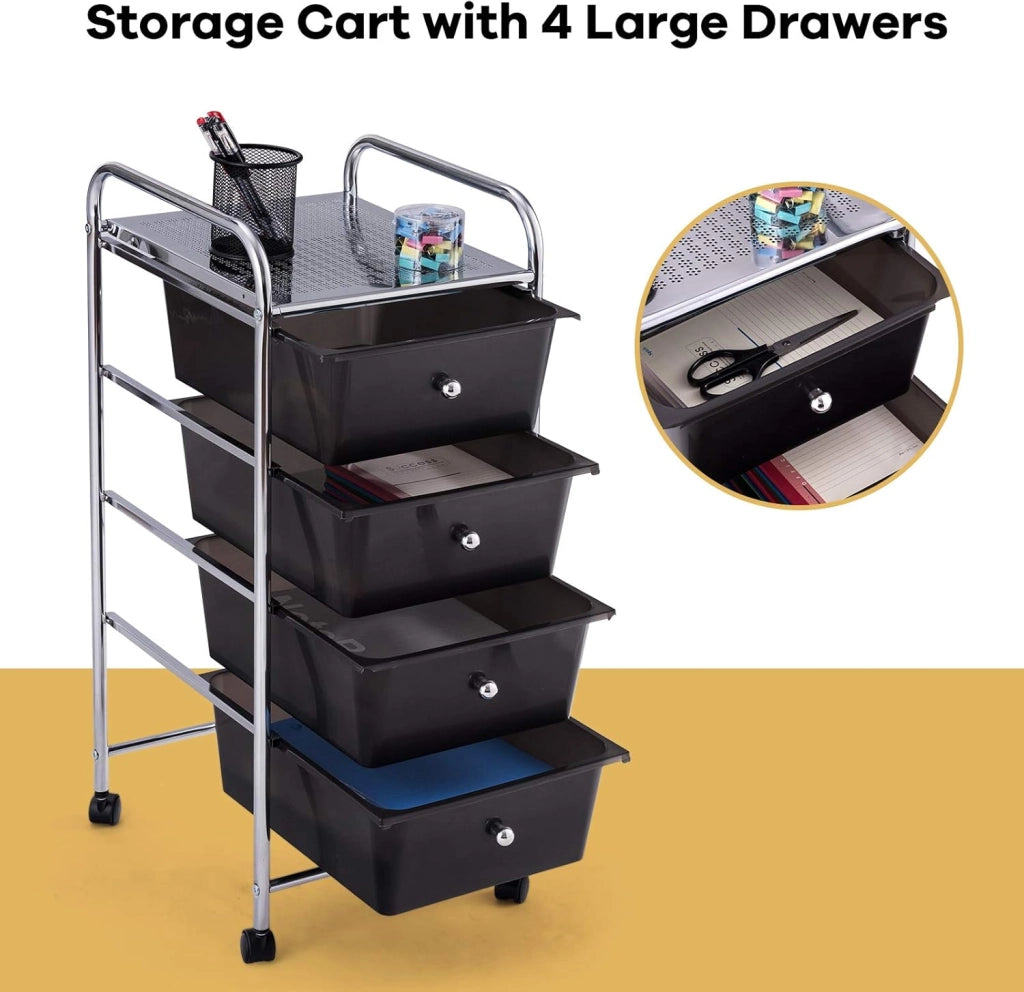 Carrello con 4 cassetti impilabili, carrello per cassetti, carrello da cucina con ruote, carrello portaoggetti, per cucina, bagno, ufficio, 32 x 37 x 76 cm (nero)
