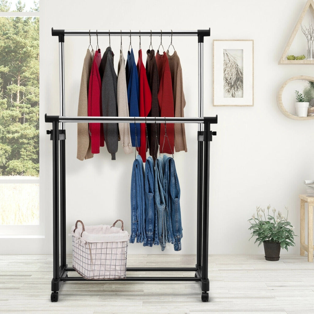 Appendiabiti doppio di metallo con ruote regolabile 86x43x94-168cm