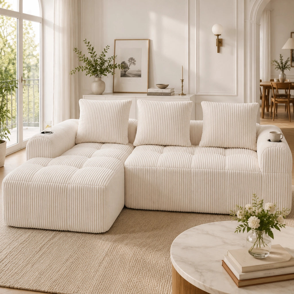 Divano compatto modulare in corduroy beige con tasche laterali, portabicchieri e 3 cuscini, design salvaspazio