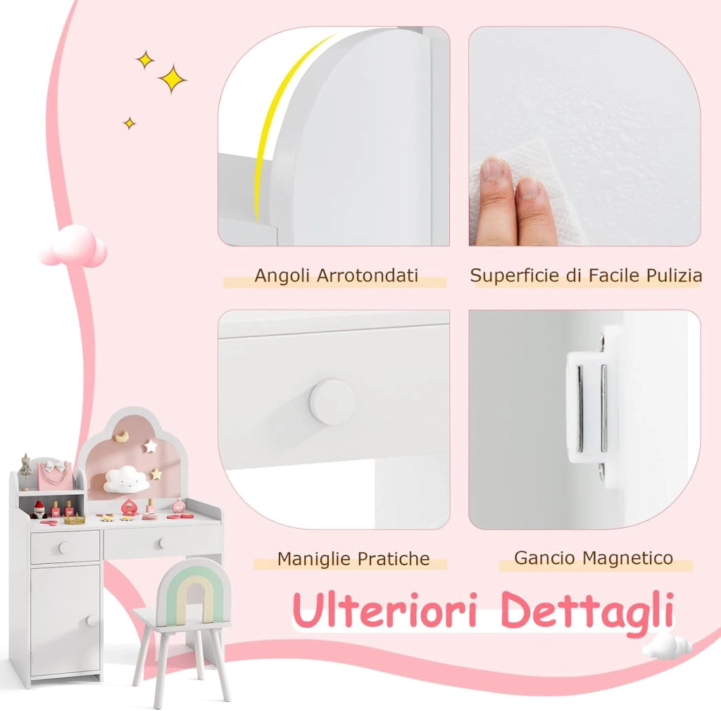 Set Toeletta Trucco per Bambina con Sedia, Tavolo Trucco Specchio a Nuvola Staccabile, Postazione Trucco con Ante e 2 Cassetti, per Bambine 3-7 Anni, Bianco