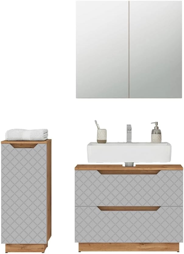 Set di mobili da bagno Lotta, Rovere/grigio con struttura in piastrelle, 3 parti