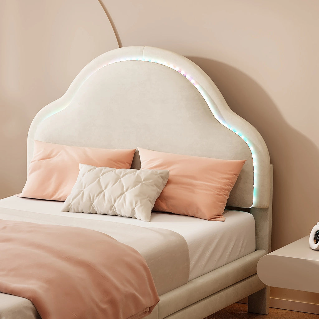 Letto Singolo per Bambini con LED Regolabile e Testiera a Nuvola; 90×200 cm; Senza Materasso; Beige