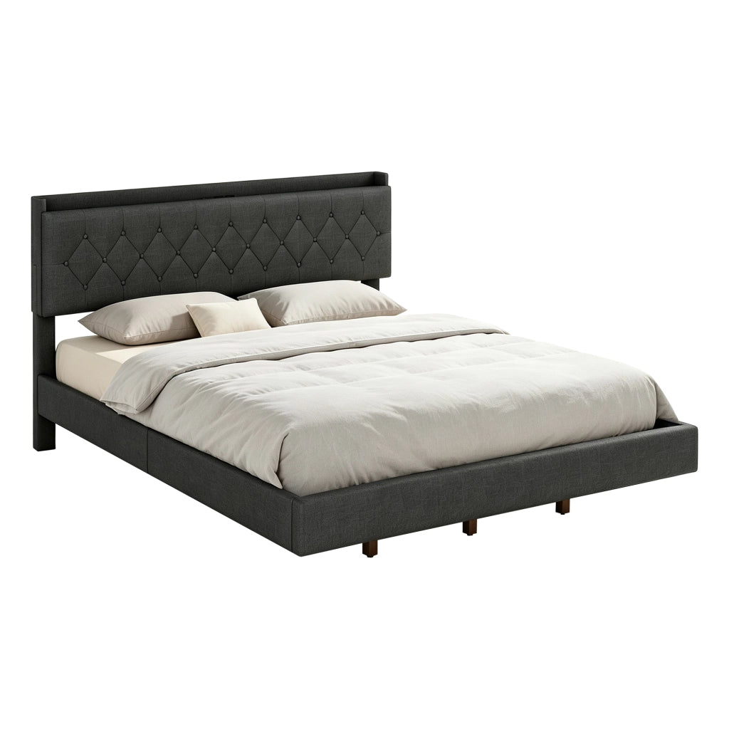 Letto imbottito con USB e LED, 160x200 cm, lino grigio