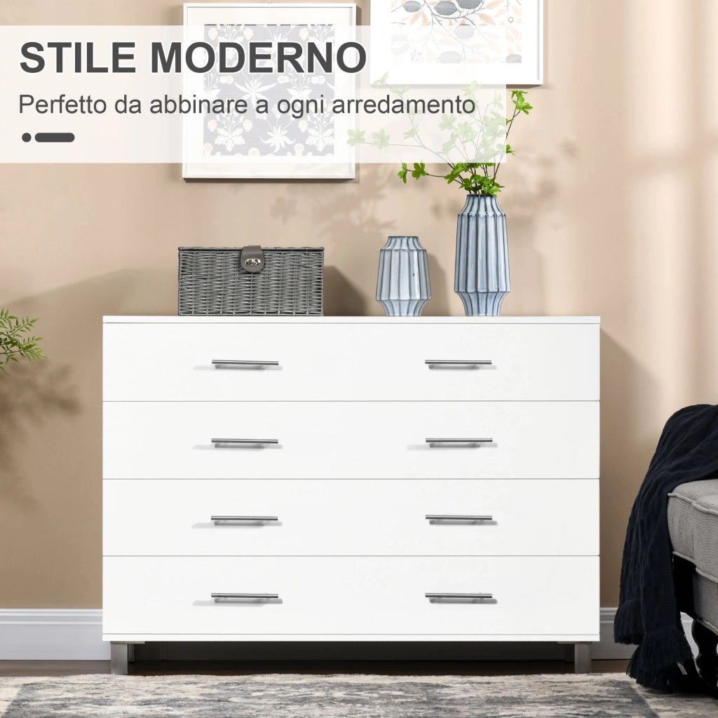 Cassettiera 4 Cassetti 112x38,2x81 cm in Legno con Maniglie in Metallo Bianco