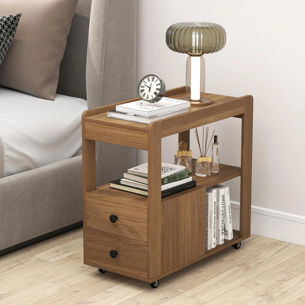 Tavolino da divano, contenitore con 2 cassetti e scaffali aperti, supporto per stampante con ruote, comodino, sottile, per ufficio, 65 x 30 x 62 cm (marrone)