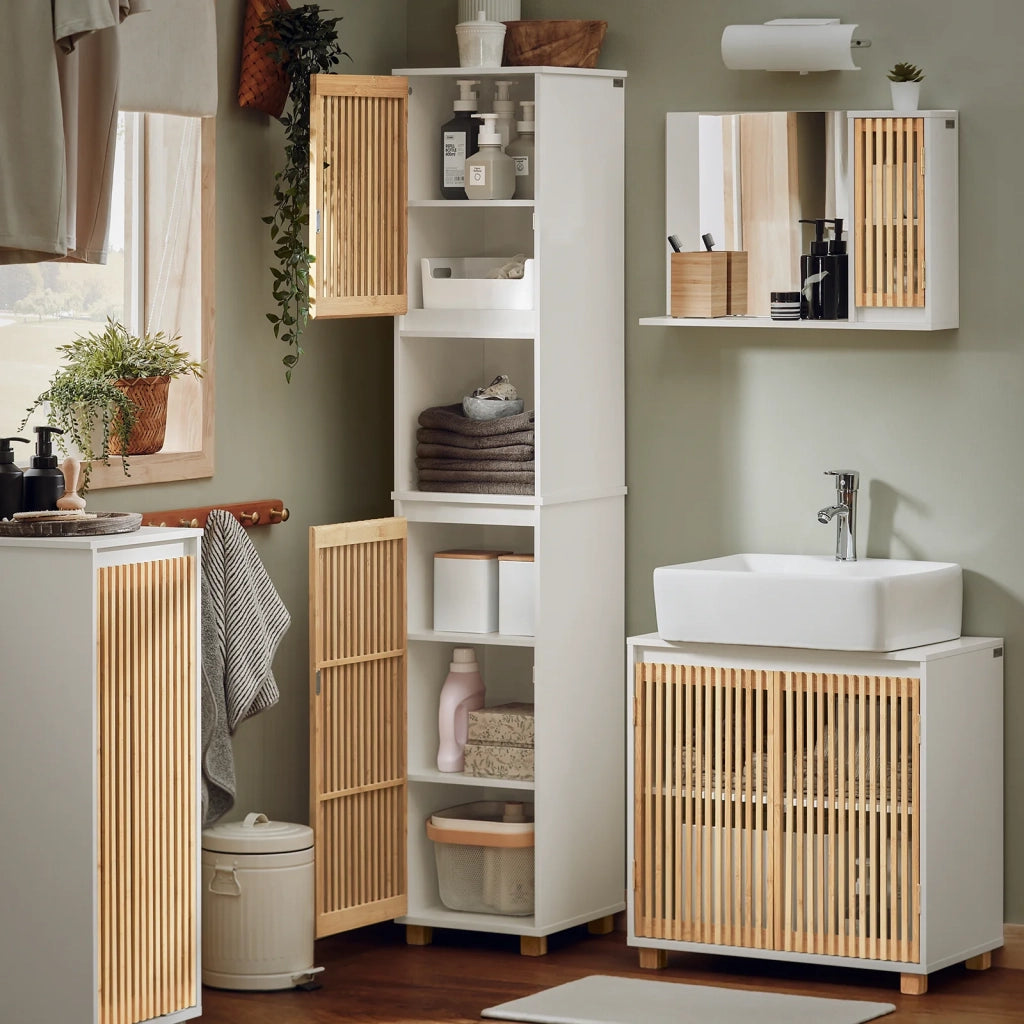 Mobile Alto Da Bagno Mobile Colonna Bagno Mensola Bagno Stretta Bianco-Naturale 33x33x165cm BZR127-W SoBuy