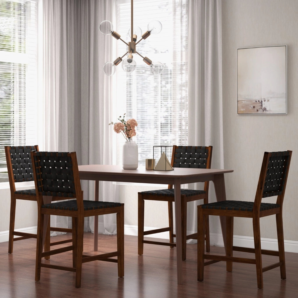 Set 2 Sgabelli da bar intrecciati con cinturini in similpelle PU schienale accogliente, Sgabelli in legno Nero-Sgabelli da bar
