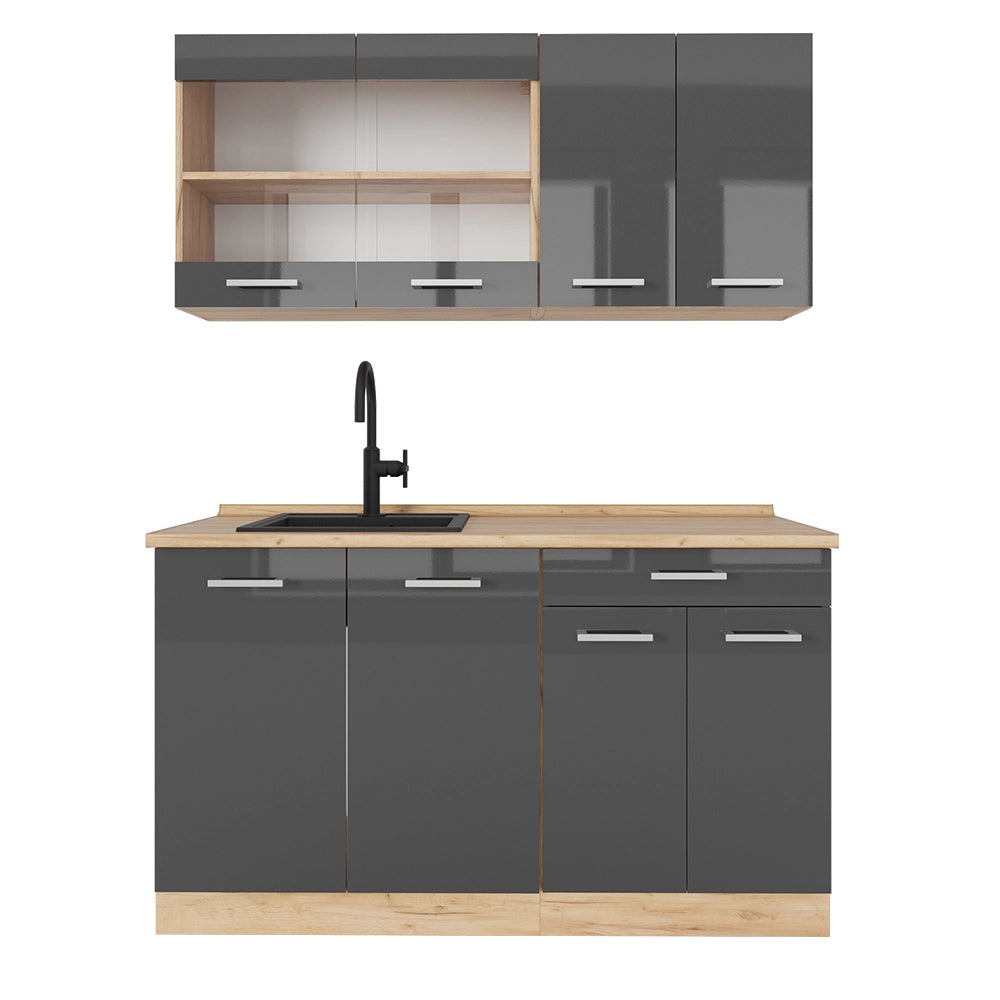 Vicco Cucina completa Antracite lucido/oro power oak 140 cm senza piano di lavoro
