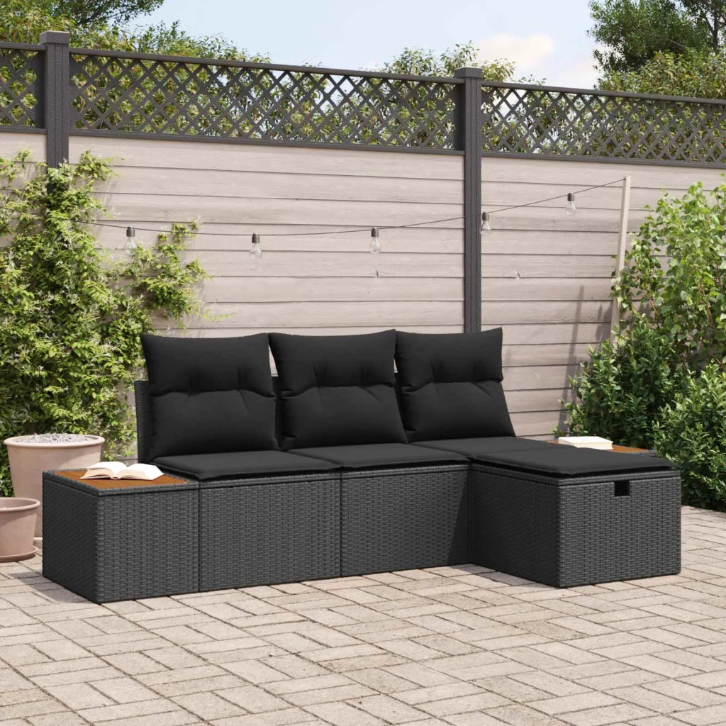 Set Divano da Giardino con cuscino 4 pz | Set Salotto da Giardino Nero polyrattan