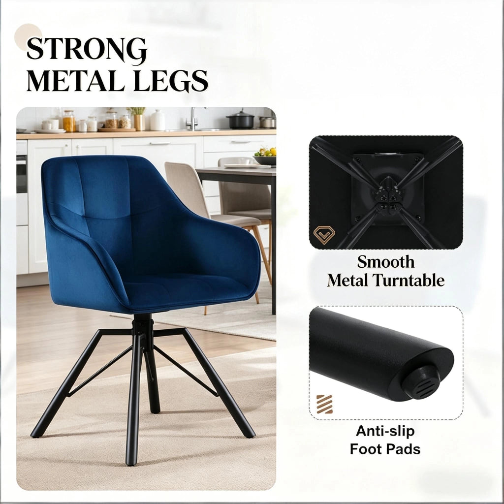 SEDIA Girevole 58,5x82,5x54,5 cm Blu in Velluto e Metallo Set da 2 pezzi