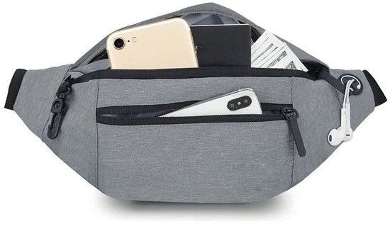 Zak met rits unisex, 4 compartimenti, con cinturino regolabile e connesso per auricolare, ideale per ciclismo, jogging, viaggi e attività all'aperto, colore grigio chiaro