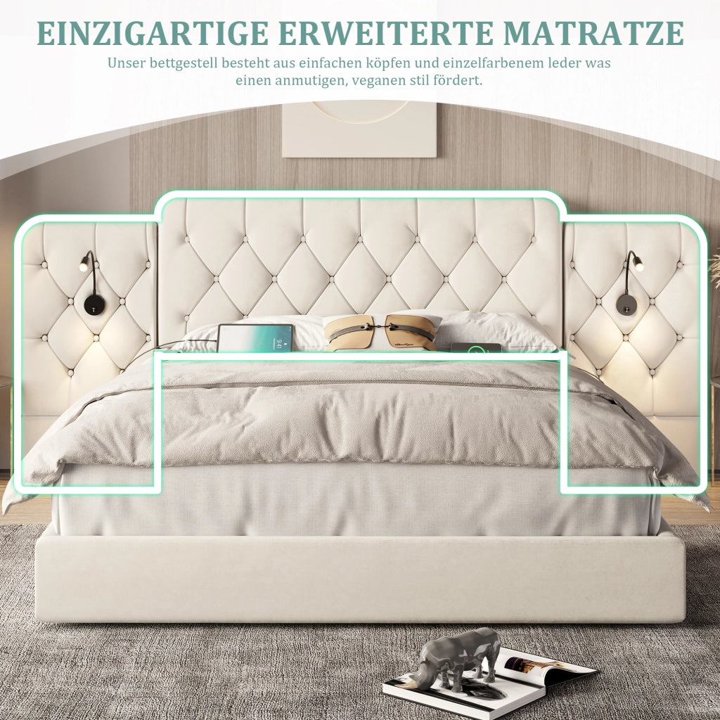 Letto Contenitore Letto Matrimoniale 180 x 200 cm con Luci da Lettura e USB; Beige