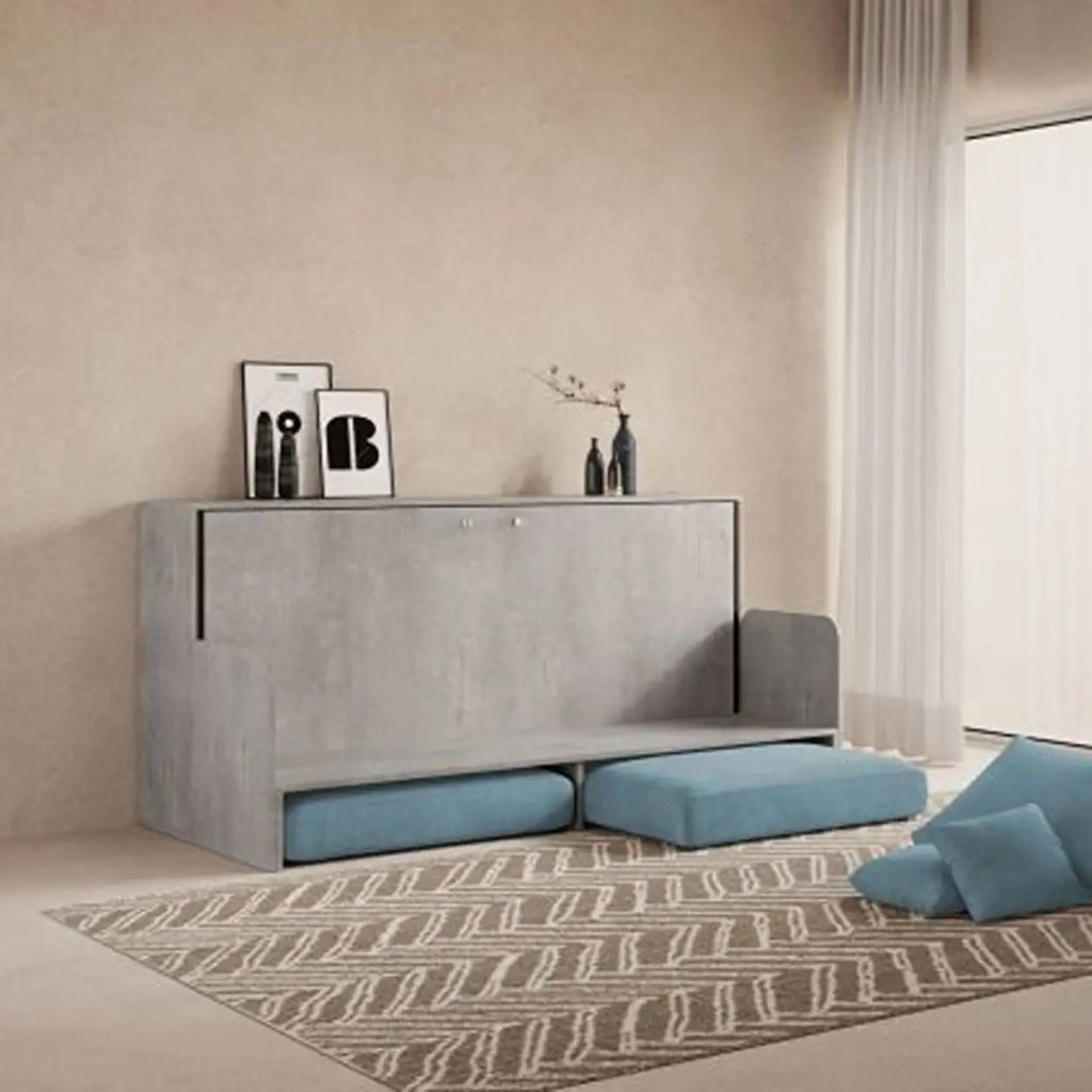 Letto singolo a scomparsa Kando con divano con materasso cemento, azzurro