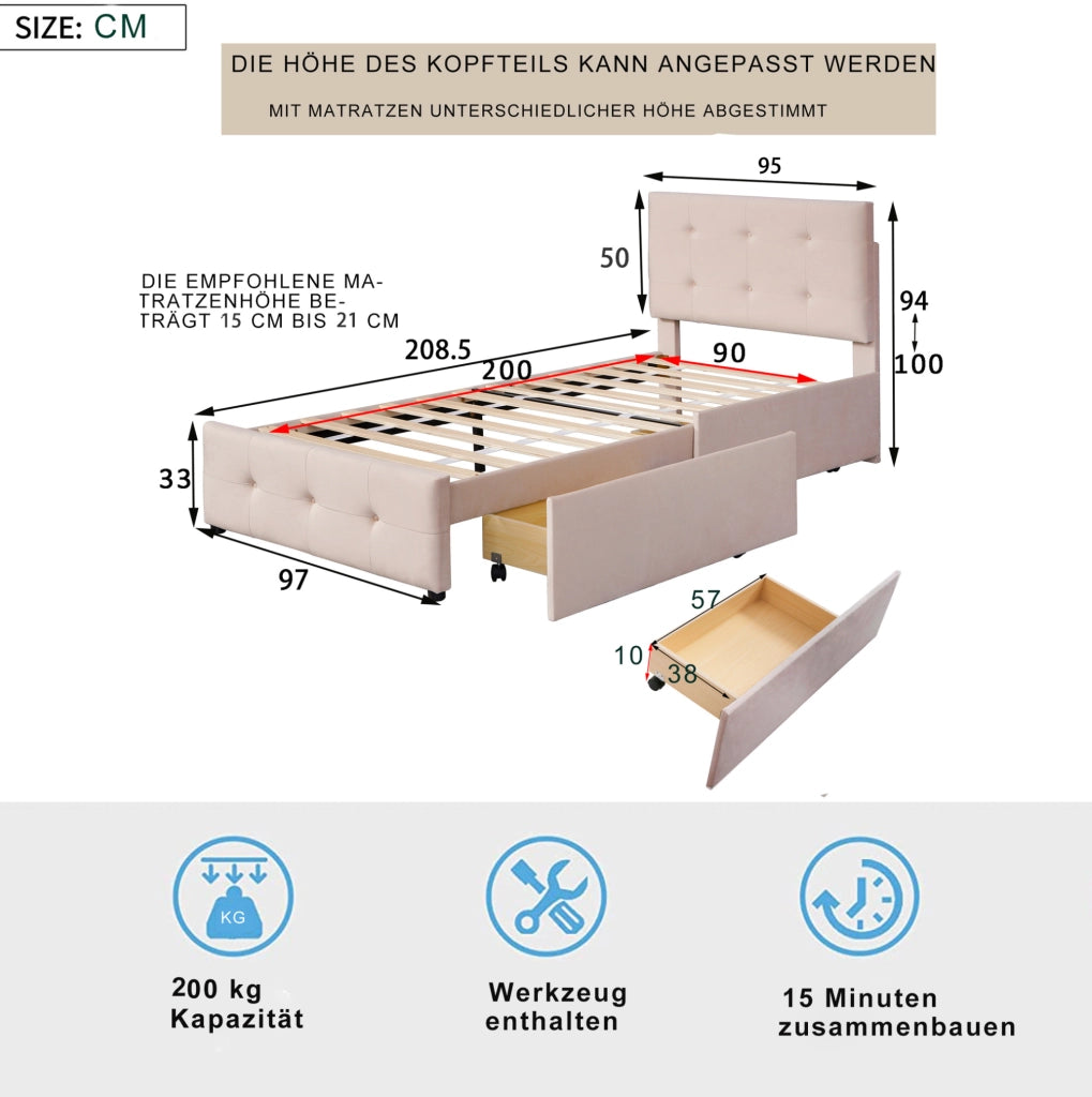 Letto singolo imbottito 90 x 200 cm con rete a doghe e cassetto beige