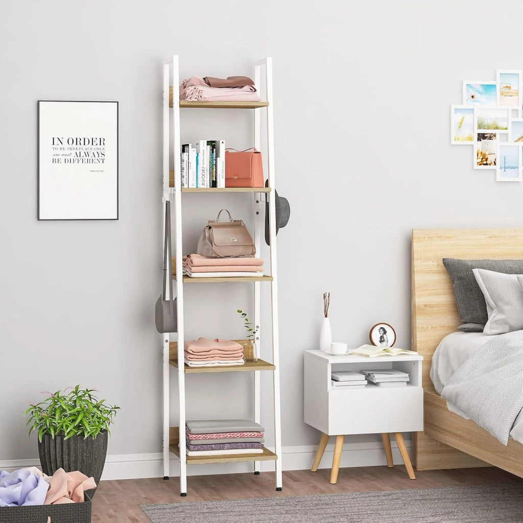 Libreria a 5 Ripiani, Scaffale con 4 Ganci Industriale, Scaffale a Scala in MDF e Metallo per Soggiorno, Cucina, Studio, Ufficio,Bianco, 40x36x170cm RGB9289whe