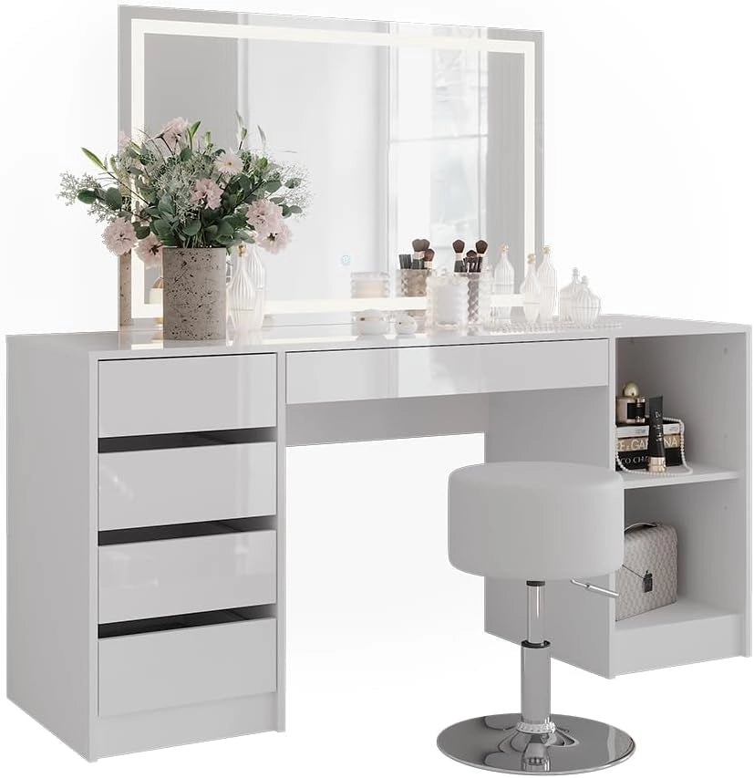 Tavolo da toeletta Sherry, Bianco/bianco lucido, 158.2 cm con specchio LED e sgabello, adatto per la conservazione e l'uso quotidiano in camera da letto