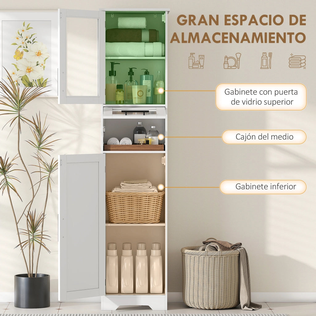 Colonna Bagno con Anta Vetro Ripiani Regolabili e Cassetto ¨C Zephmum ¨C 40x31x170 cm Bianco