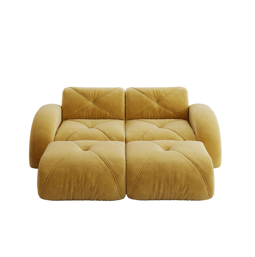Divano modulare 2 posti senza struttura con 2 pouf in ciniglia giallo HOMVRA