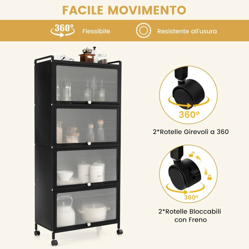 Armadio da Cucina a 5 Piani, Mobile per Microonde con Porte PC a Scomparsa, con 4 Ruote Girevoli, per Sala da Pranzo Soggiorno e Studio, 60x32x154 cm