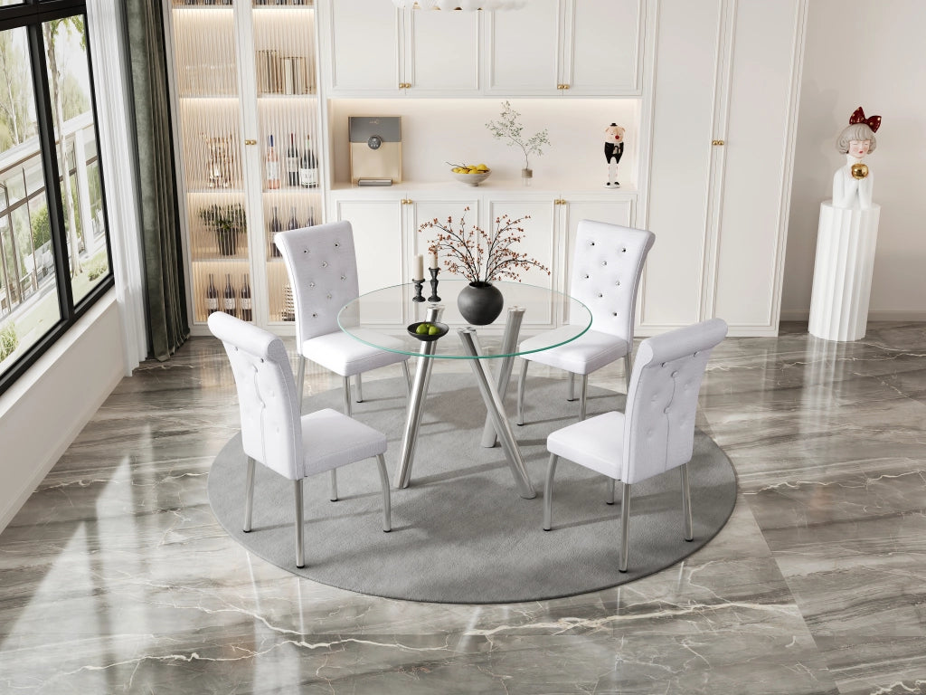Set da pranzo con tavolo in vetro temperato e 4 sedie imbottite facile da pulire stabile metallo e pvc bianco